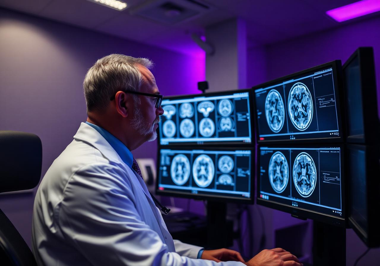 Radiologist reviewing AI-enhanced DICOM imaging on RIACS PACS